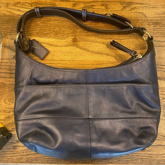 Coach Metallic Blue Pieced East West Duffle Hobo Bag Purse 2 Way Strap - Picture 3 of 9